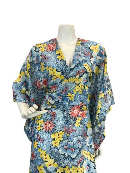 VTG 70S KIMONO KAFTAN FLORAL MAXI DRESS BLUE YELLOW RED 10-12
