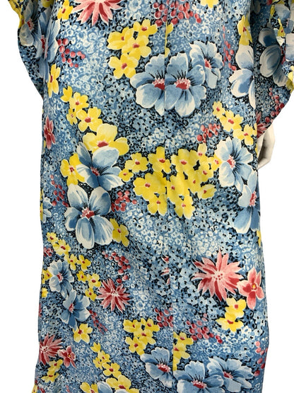 VTG 70S KIMONO KAFTAN FLORAL MAXI DRESS BLUE YELLOW RED 10-12