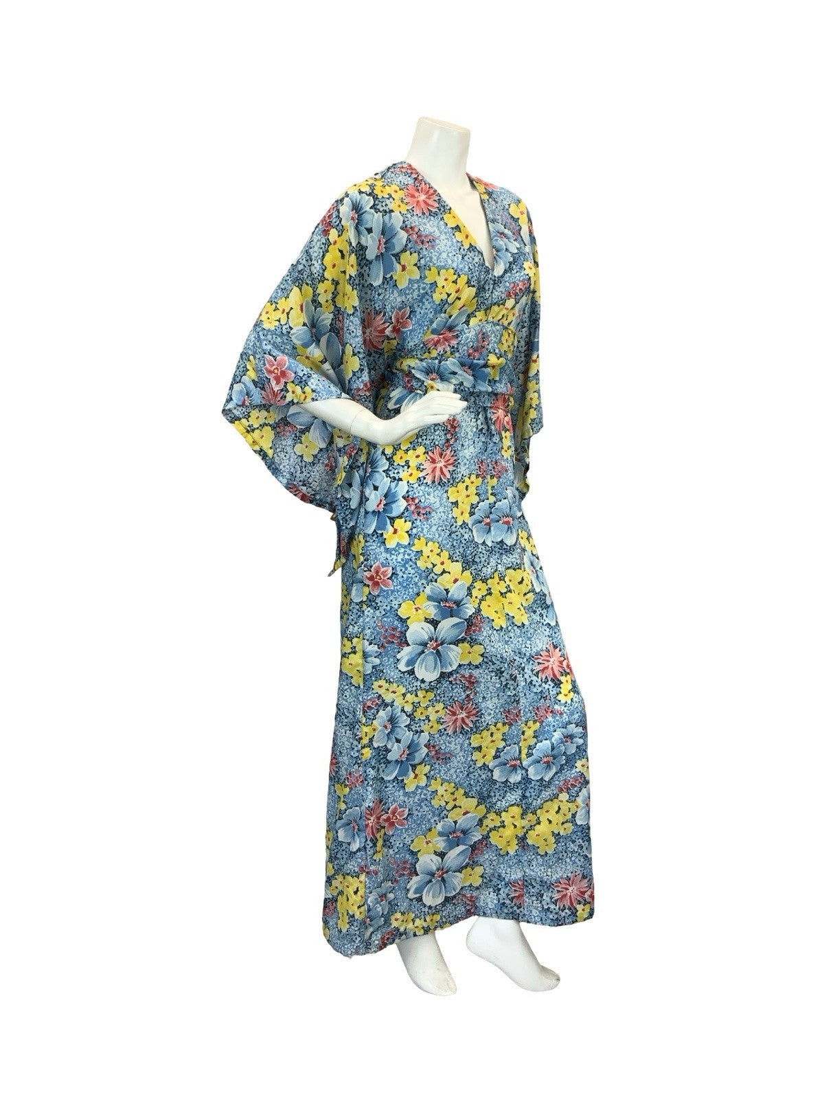 VTG 70S KIMONO KAFTAN FLORAL MAXI DRESS BLUE YELLOW RED 10-12