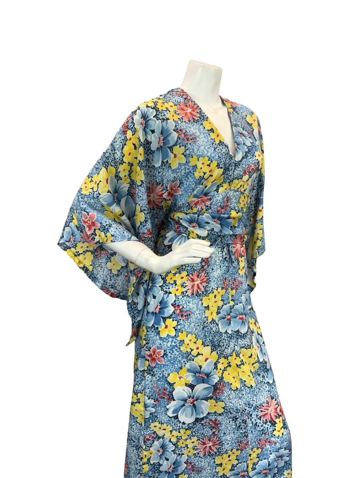 VTG 70S KIMONO KAFTAN FLORAL MAXI DRESS BLUE YELLOW RED 10-12