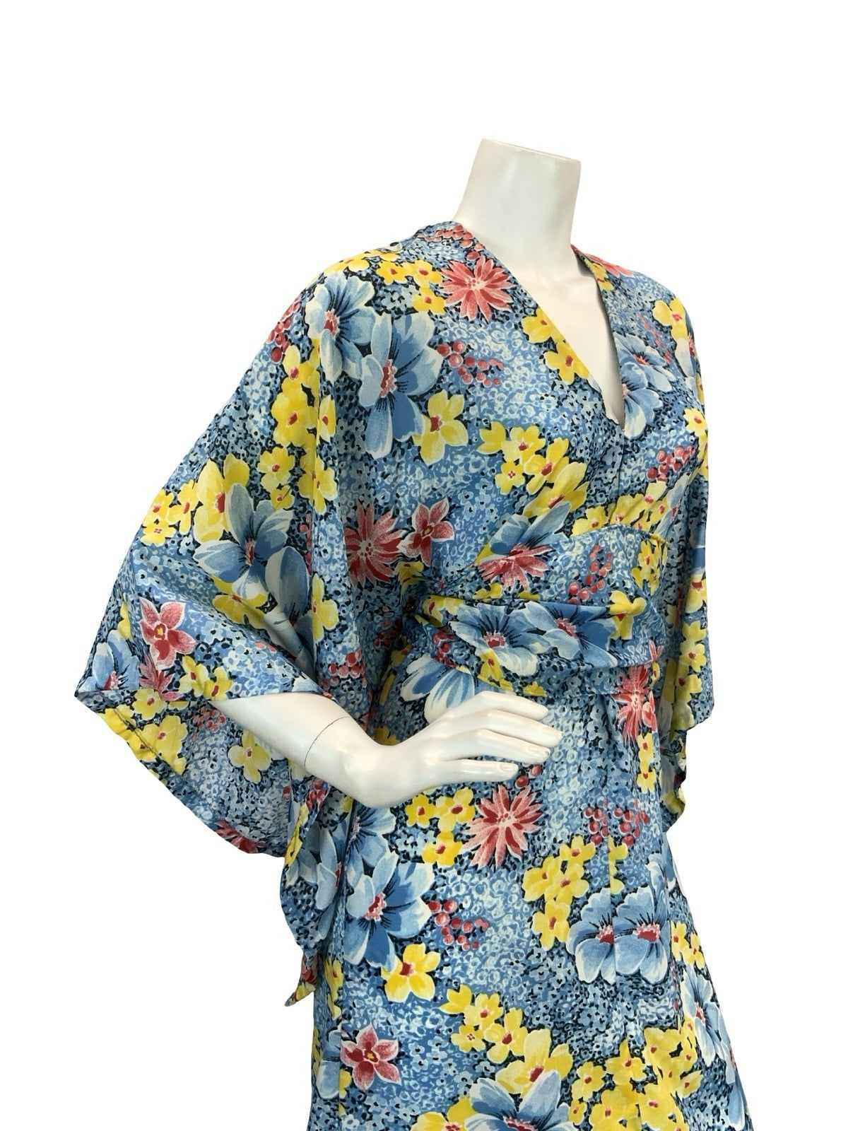 VTG 70S KIMONO KAFTAN FLORAL MAXI DRESS BLUE YELLOW RED 10-12