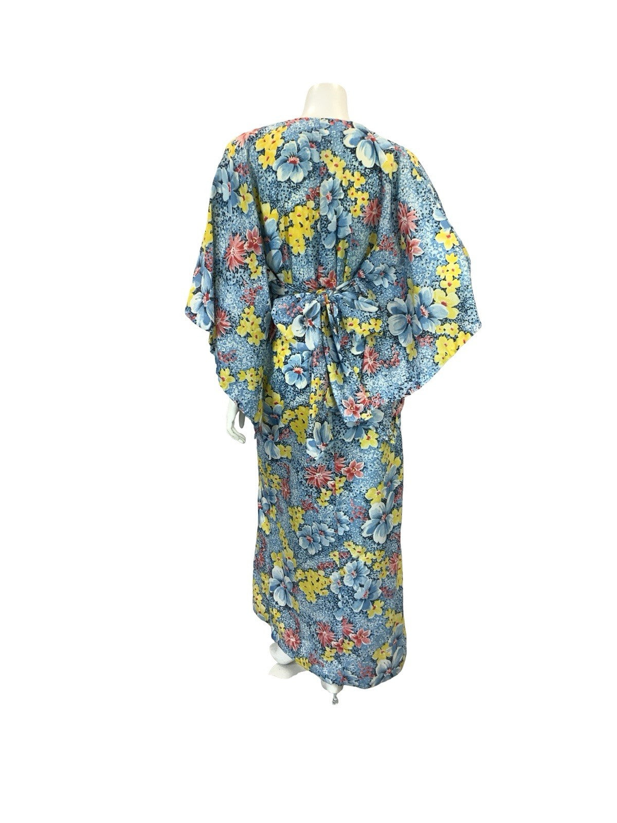 VTG 70S KIMONO KAFTAN FLORAL MAXI DRESS BLUE YELLOW RED 10-12