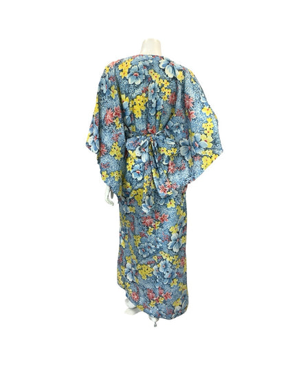 VTG 70S KIMONO KAFTAN FLORAL MAXI DRESS BLUE YELLOW RED 10-12