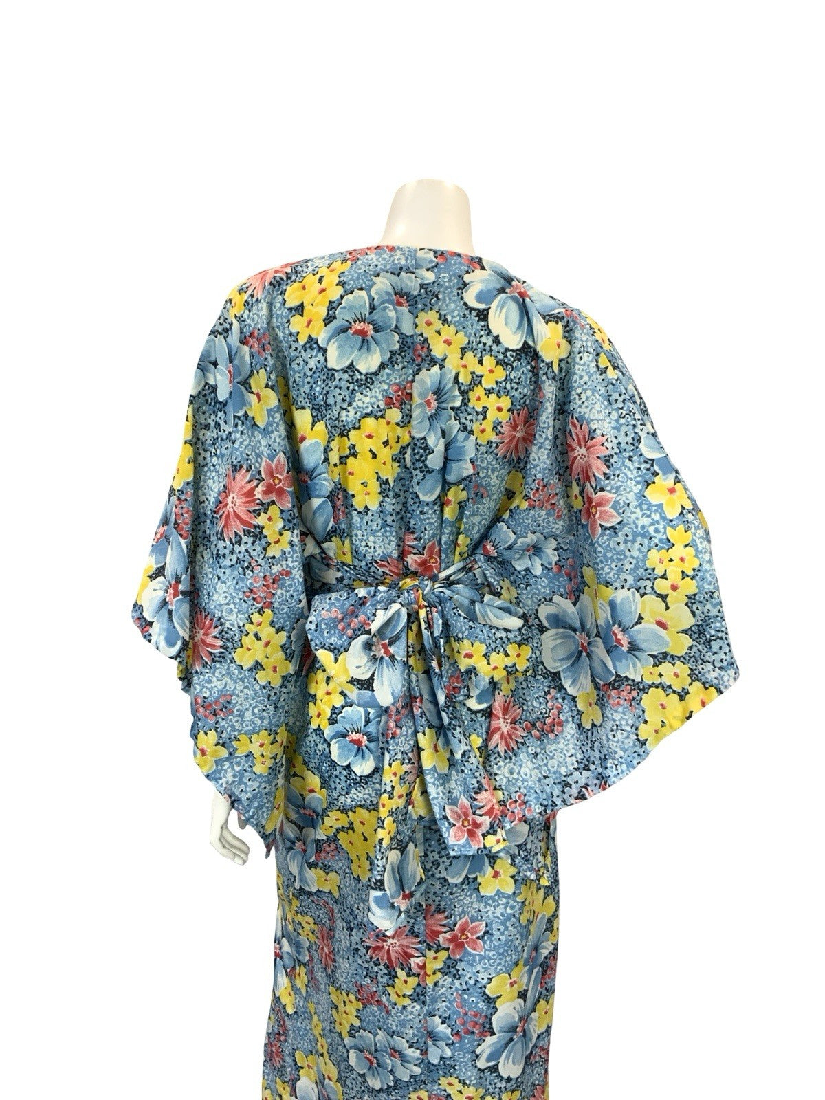 VTG 70S KIMONO KAFTAN FLORAL MAXI DRESS BLUE YELLOW RED 10-12