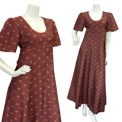 VTG 70S REGENCY EMPIRE  FLORAL MAXI DRESS BURGUNDY ORANGE GREEN YELLOW 8 10