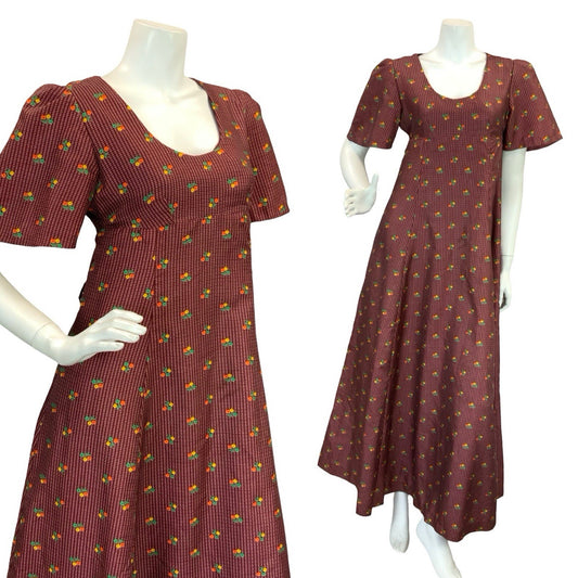 VTG 70S REGENCY EMPIRE  FLORAL MAXI DRESS BURGUNDY ORANGE GREEN YELLOW 8 10