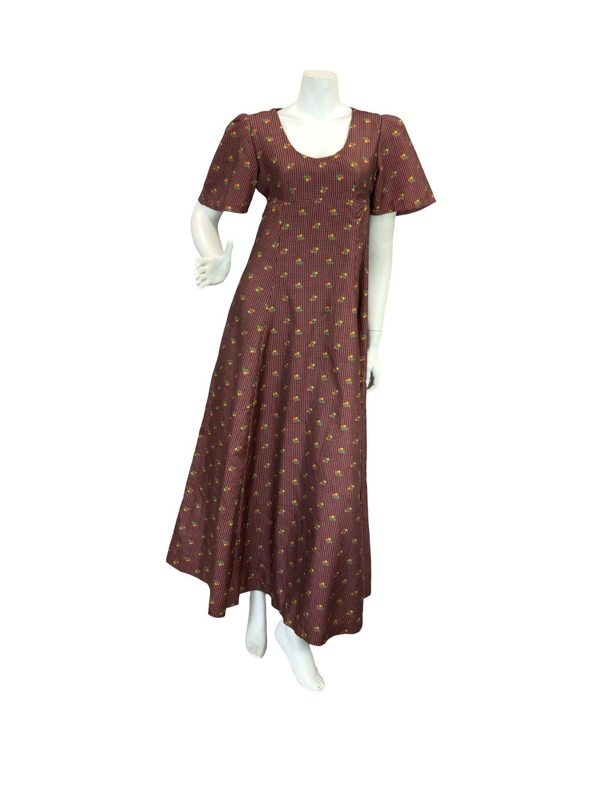VTG 70S REGENCY EMPIRE  FLORAL MAXI DRESS BURGUNDY ORANGE GREEN YELLOW 8 10