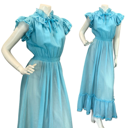 VTG 70S ROMANTIC BOHO PRAIRIE RUFFLE MAXI DRESS BLUE 8 10 12
