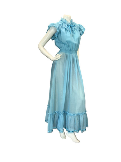 VTG 70S ROMANTIC BOHO PRAIRIE RUFFLE MAXI DRESS BLUE 8 10 12
