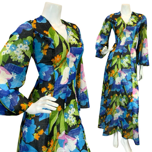 VTG 70S SHEER FLORAL PSYCHEDELIC KAFTAN MAXI DRESS  BLUE PINK ORANGE GOLD 10