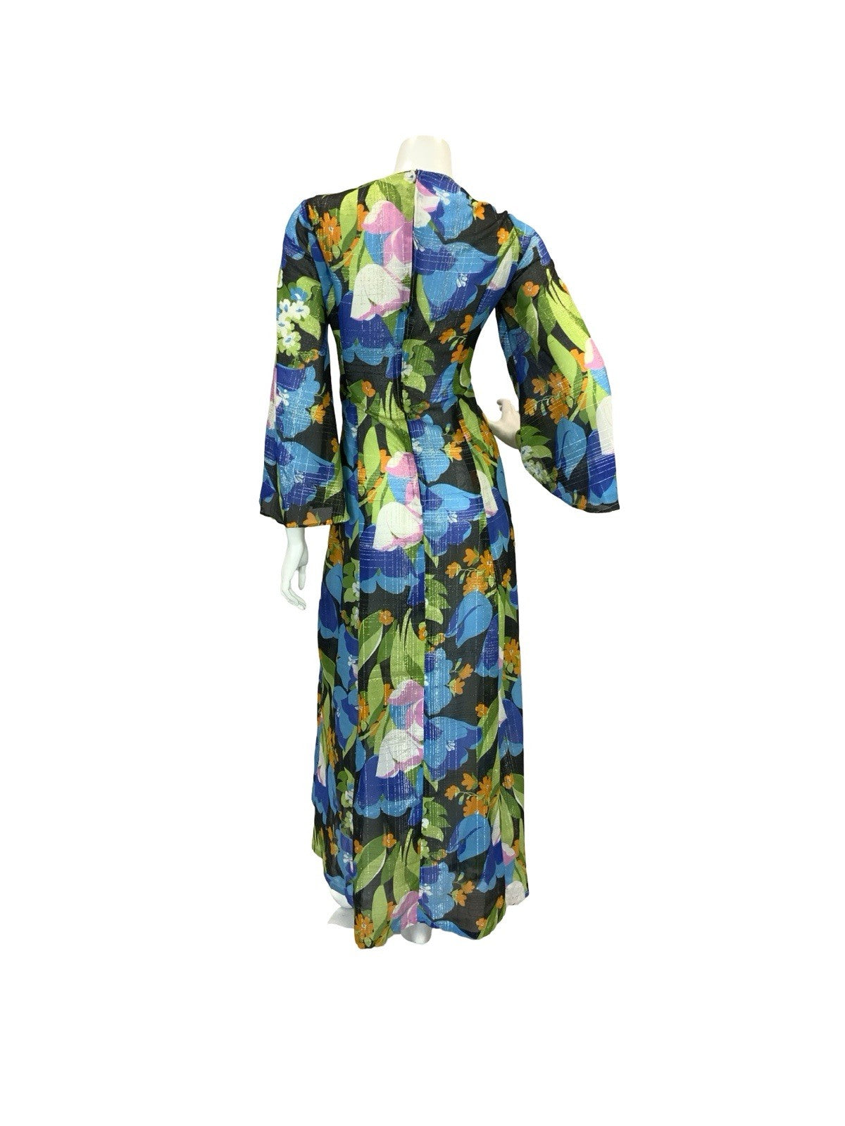 VTG 70S SHEER FLORAL PSYCHEDELIC KAFTAN MAXI DRESS  BLUE PINK ORANGE GOLD 10