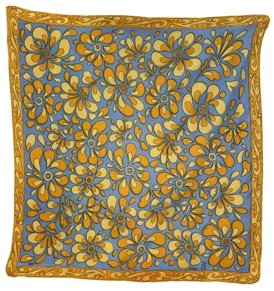 VTG 60S 70S BLUE GOLD BEIGE PSYCHEDELIC FLOWER TILE PRINT SCARF
