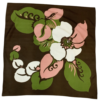 VTG 60S 70S BROWN PINK WHITE GREEN FLORAL FLOWER SCARF