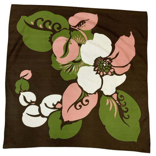 VTG 60S 70S BROWN PINK WHITE GREEN FLORAL FLOWER SCARF
