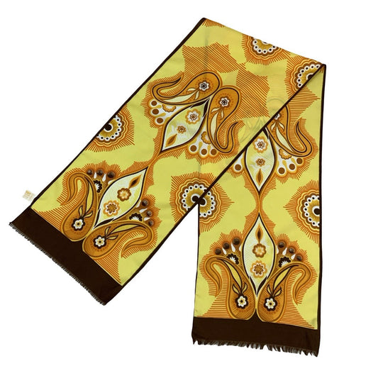 VTG 60S 70S YELLOW WHITE ORANGE BLACK PSYCHEDELIC PAISLEY FRINGE SCARF