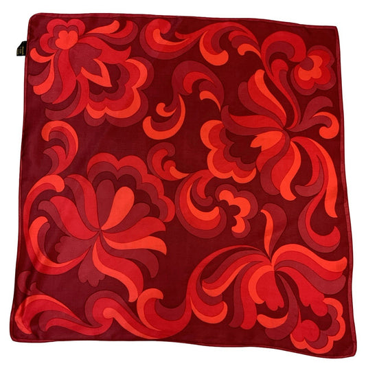 VTG 60S 70S RED PSYCHEDELIC FLORA SWIRLING PURE SILK SCARF