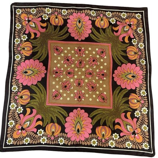 VTG 60S 70S GREEN PINK ORANGE BROWN PSYCHEDELIC FLORAL PALM TREE DAISY SCARF