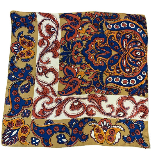 VTG 60S 70S BLUE BEIGE CREAM YELLOW PSYCHEDELIC BORDER FLORAL PAISLEY SCARF