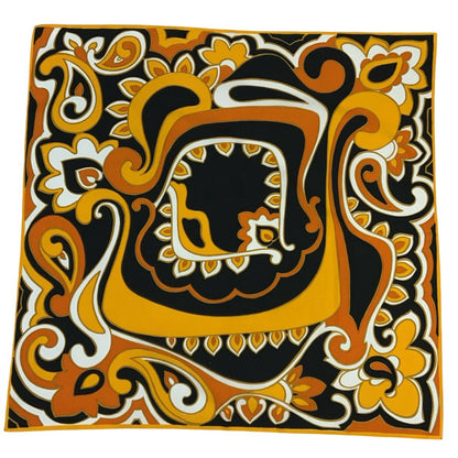 VTG 60S 70S YELLOW ORANGE BLACK PSYCHEDELIC SWIRLING PAISLEY SCARF