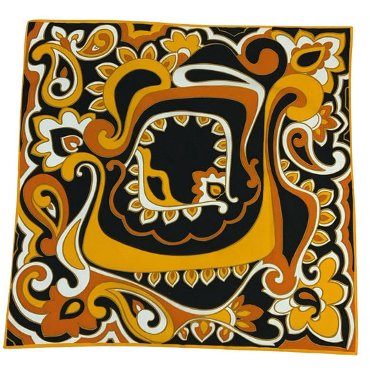 VTG 60S 70S YELLOW ORANGE BLACK PSYCHEDELIC SWIRLING PAISLEY SCARF