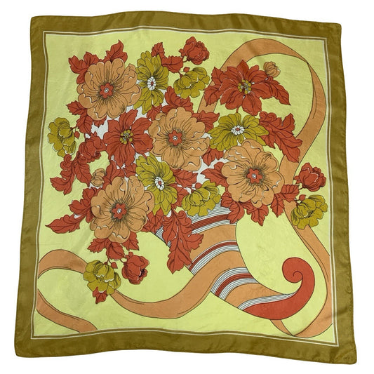 VTG 60S 70S YELLOW ORANGE CREAM FLORAL CORNUCOPIA RIBBON SCARF