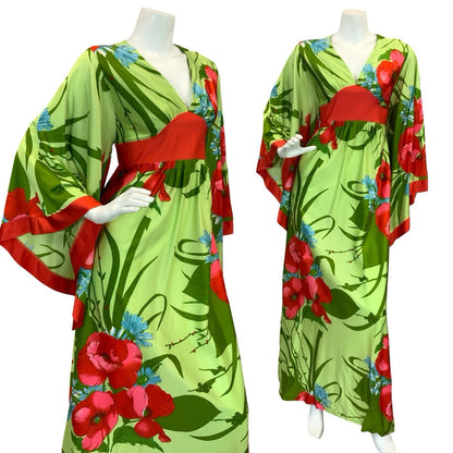 VTG 70S GREEN RED BLUE POPPY FLORAL BELL SLEEVE KIMONO BOHO MAXI DRESS 8 10 S