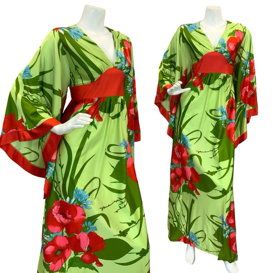 VTG 70S GREEN RED BLUE POPPY FLORAL BELL SLEEVE KIMONO BOHO MAXI DRESS 8 10 S