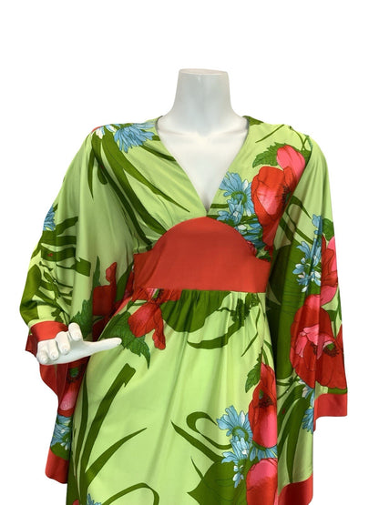 VTG 70S GREEN RED BLUE POPPY FLORAL BELL SLEEVE KIMONO BOHO MAXI DRESS 8 10 S