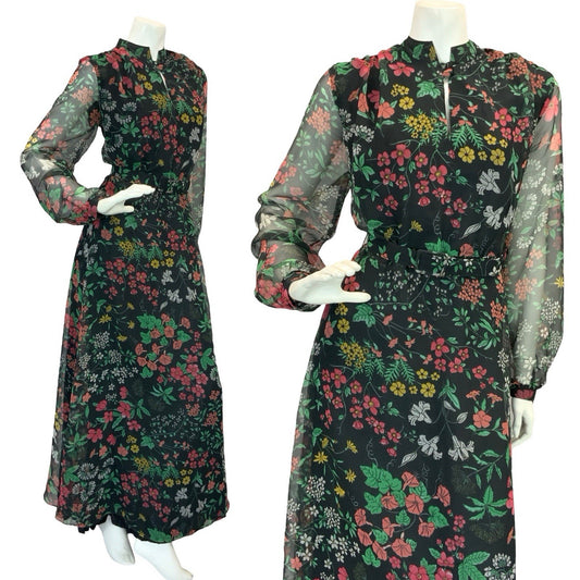 VTG 60S 70S BLACK RED GREEN YELLOW FLORAL MANDARIN MESH BELTED MAXI DRESS 12