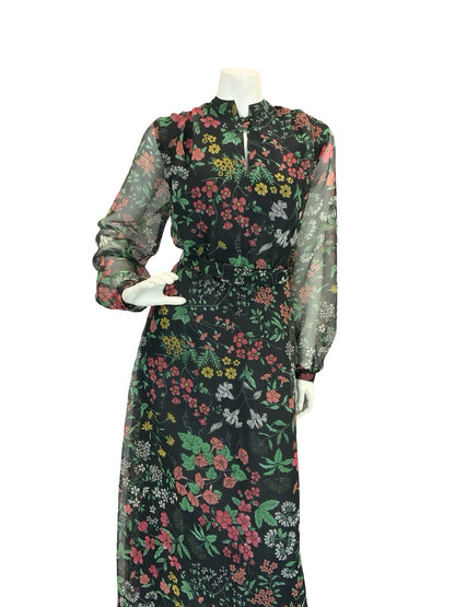 VTG 60S 70S BLACK RED GREEN YELLOW FLORAL MANDARIN MESH BELTED MAXI DRESS 12
