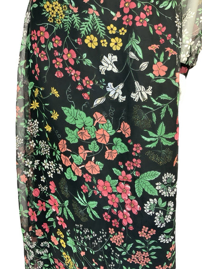 VTG 60S 70S BLACK RED GREEN YELLOW FLORAL MANDARIN MESH BELTED MAXI DRESS 12
