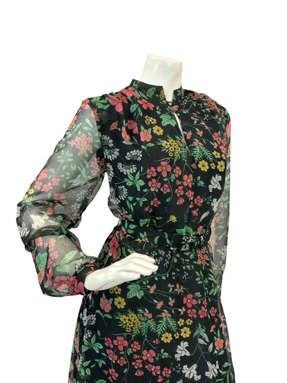 VTG 60S 70S BLACK RED GREEN YELLOW FLORAL MANDARIN MESH BELTED MAXI DRESS 12