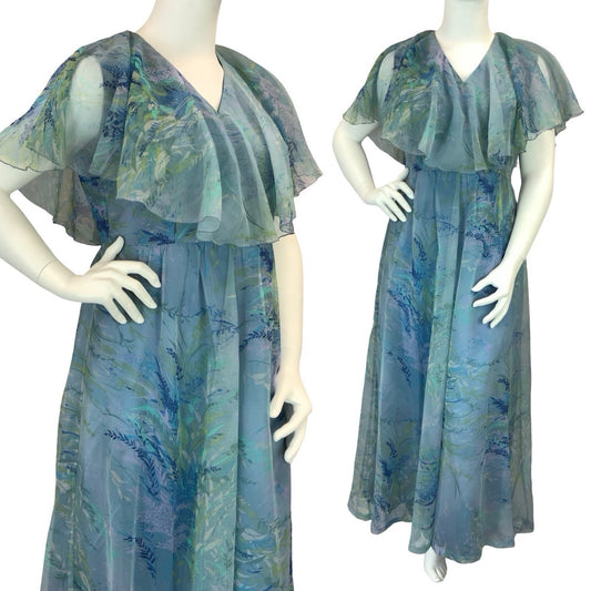 VTG 60S 70S BLUE GREEN PURPLE BOHO LEAFY CAPE SLEEVE MESH MAXI DRESS 16 18 L