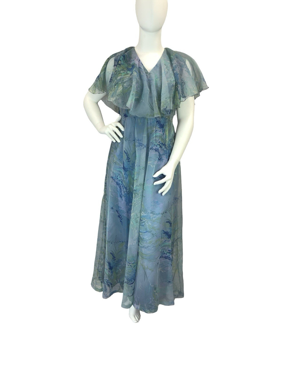 VTG 60S 70S BLUE GREEN PURPLE BOHO LEAFY CAPE SLEEVE MESH MAXI DRESS 16 18 L