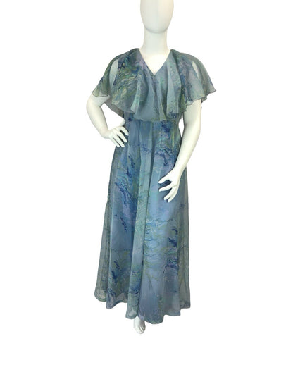 VTG 60S 70S BLUE GREEN PURPLE BOHO LEAFY CAPE SLEEVE MESH MAXI DRESS 16 18 L