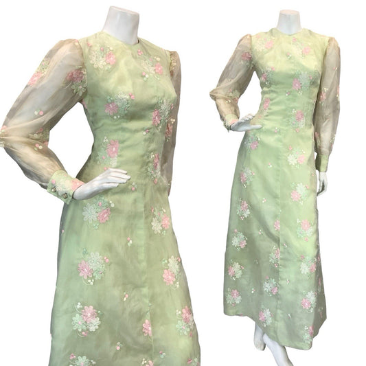 VTG 60S 70S GREEN PINK WHITE FLORAL EMBROIDERY MESH BISHOP SLEEVE MAXI DRESS 6 8