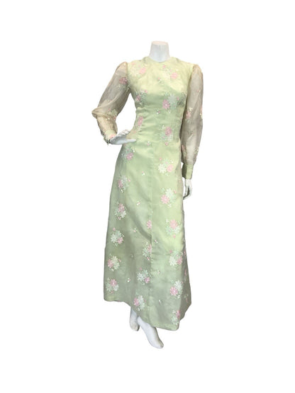 VTG 60S 70S GREEN PINK WHITE FLORAL EMBROIDERY MESH BISHOP SLEEVE MAXI DRESS 6 8