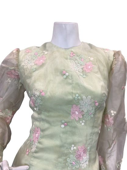 VTG 60S 70S GREEN PINK WHITE FLORAL EMBROIDERY MESH BISHOP SLEEVE MAXI DRESS 6 8
