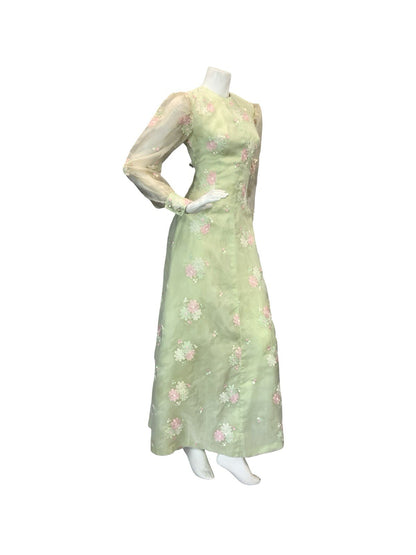 VTG 60S 70S GREEN PINK WHITE FLORAL EMBROIDERY MESH BISHOP SLEEVE MAXI DRESS 6 8