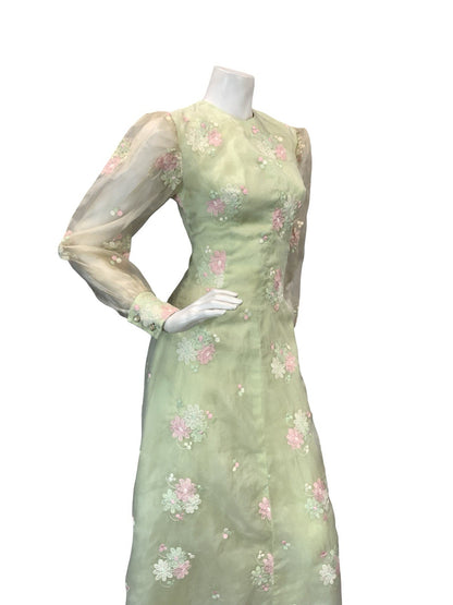 VTG 60S 70S GREEN PINK WHITE FLORAL EMBROIDERY MESH BISHOP SLEEVE MAXI DRESS 6 8