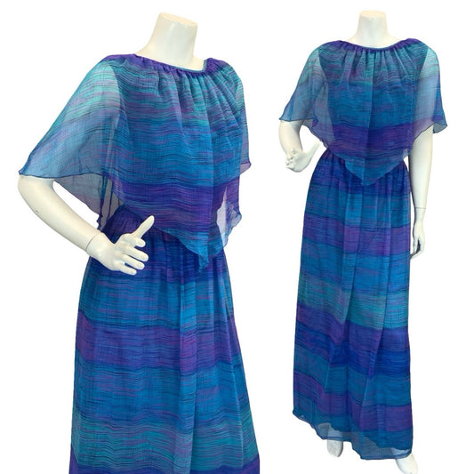 VTG 60S 70S BLUE PURPLE BOHO STRIPED GEOMETRIC MESH CAPE SLEEVE MAXI DRESS 10 12