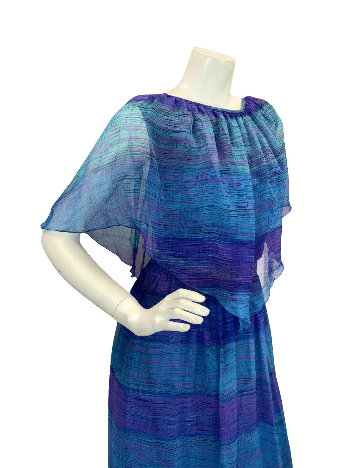 VTG 60S 70S BLUE PURPLE BOHO STRIPED GEOMETRIC MESH CAPE SLEEVE MAXI DRESS 10 12