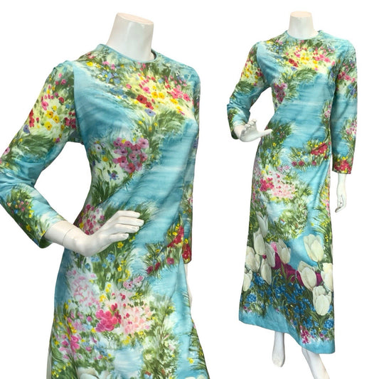 VTG 60S 70S BLUE GREEN PINK YELLOW WATER FLORAL GARDEN TULIP MAXI DRESS 14