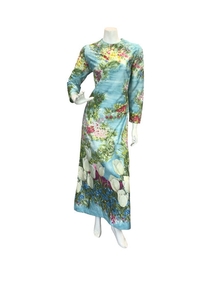 VTG 60S 70S BLUE GREEN PINK YELLOW WATER FLORAL GARDEN TULIP MAXI DRESS 14