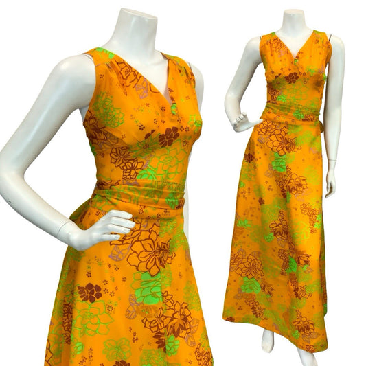 VTG 60S 70S YELLOW BROWN GREEN PURPLE FLORAL RUCHED TIE WAIST MAXI DRESS 8