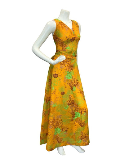 VTG 60S 70S YELLOW BROWN GREEN PURPLE FLORAL RUCHED TIE WAIST MAXI DRESS 8