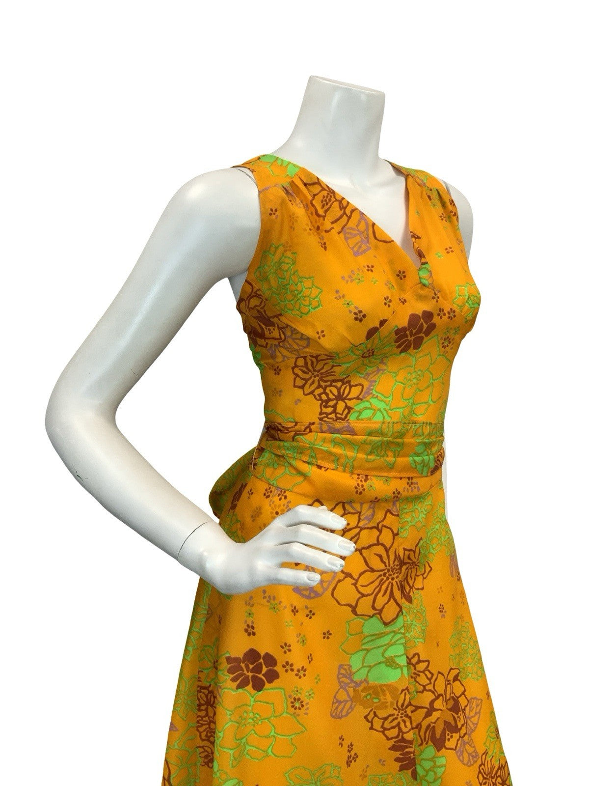 VTG 60S 70S YELLOW BROWN GREEN PURPLE FLORAL RUCHED TIE WAIST MAXI DRESS 8