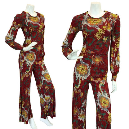 VTG 70S RED WHITE YELLOW GREEN SNAKESKIN DOTTY FLORAL DISCO JUMPSUIT 6 XS