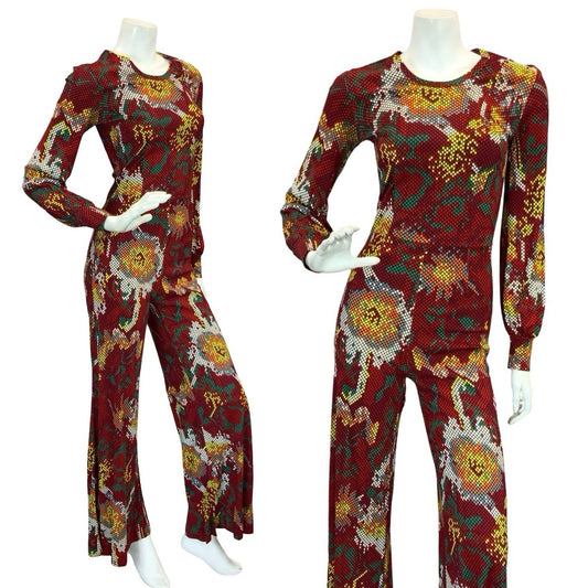 VTG 70S RED WHITE YELLOW GREEN SNAKESKIN DOTTY FLORAL DISCO JUMPSUIT 6 XS