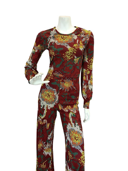 VTG 70S RED WHITE YELLOW GREEN SNAKESKIN DOTTY FLORAL DISCO JUMPSUIT 6 XS